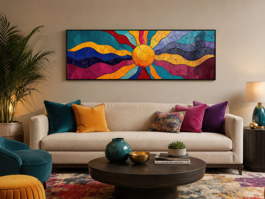 Vibrant multicolored sun horizontal canvas wall art above a beige sofa in a modern living room.