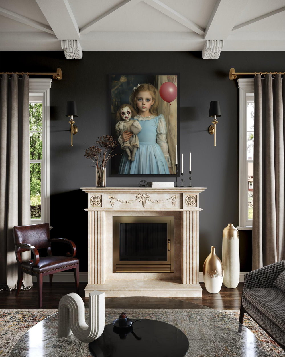 Victorian girl with creepy clown doll and red balloon framed canvas wall art.