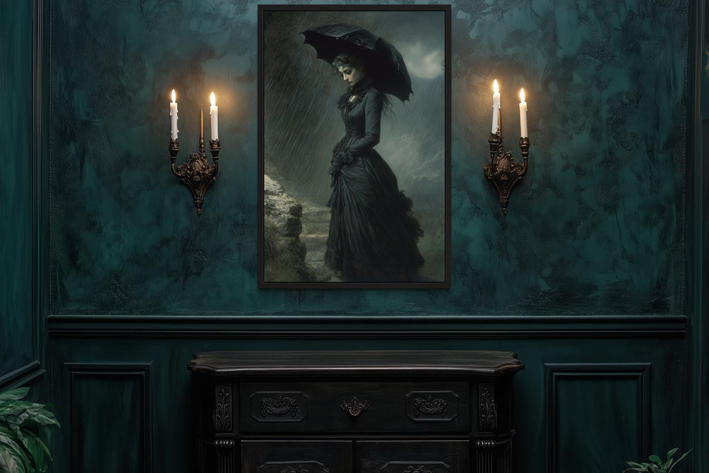 Victorian Gothic Woman With Umbrella in Rainy Cemetery Wall Art