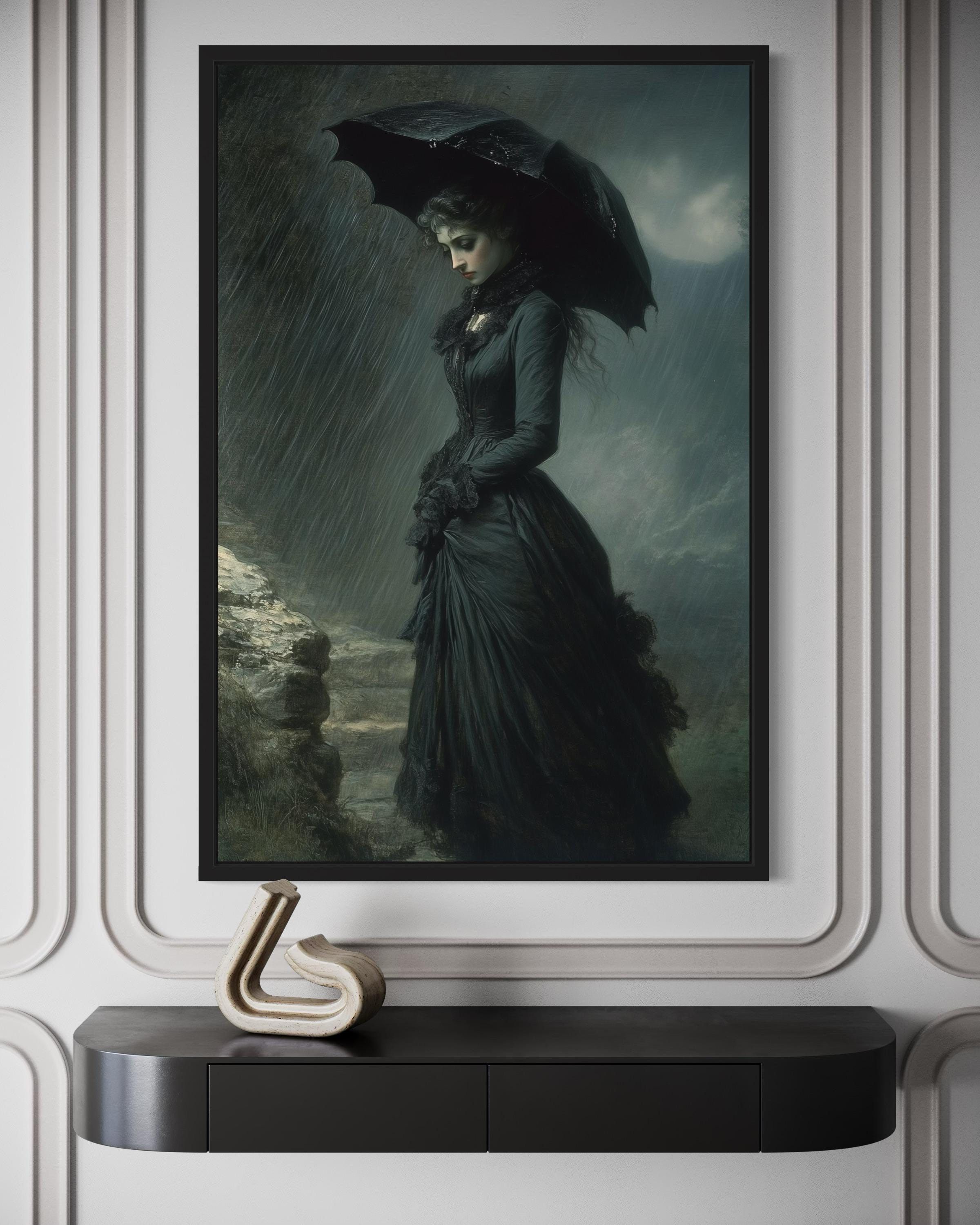 Victorian Gothic Woman Wall Art | Rainy Cemetery Canvas Print