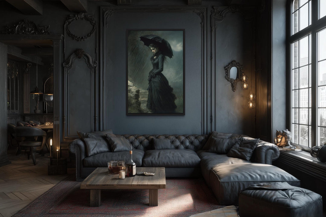 Victorian Gothic Woman With Umbrella in Rainy Cemetery Wall Art