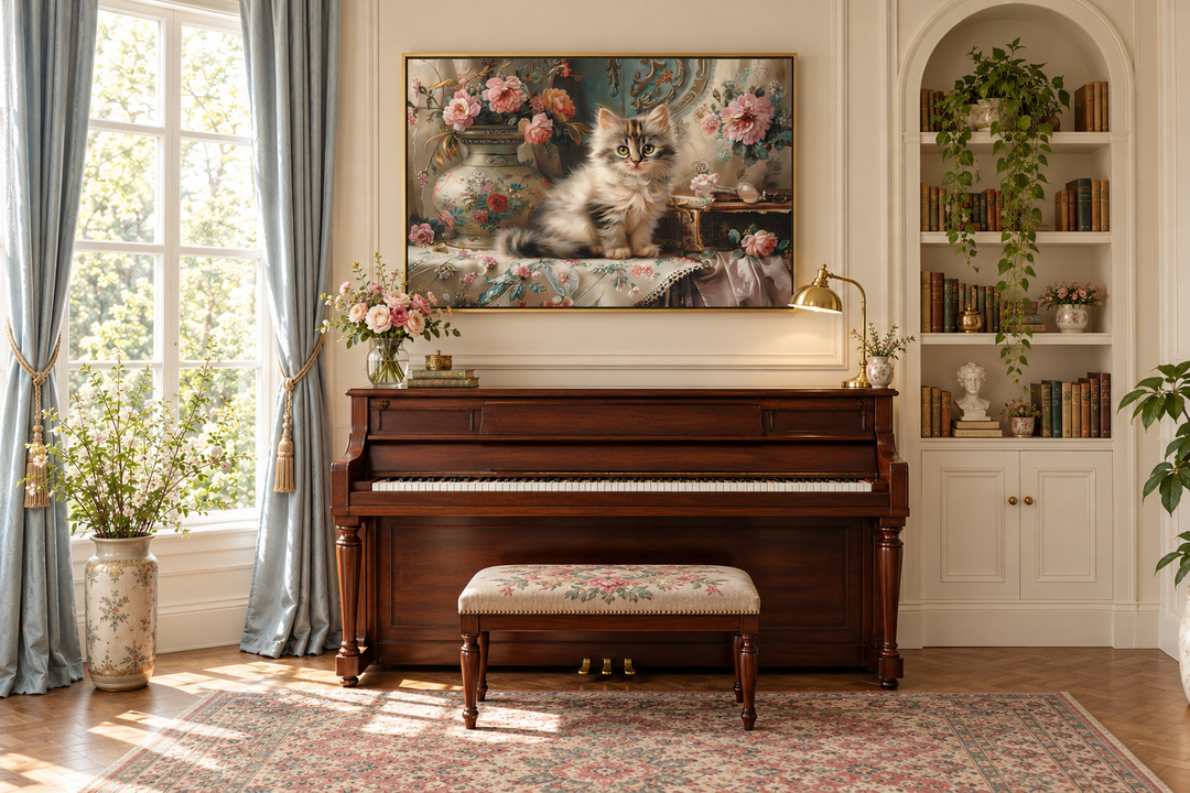 Victorian kitten and flowers painting in a gold frame hanging above a dark wood piano.