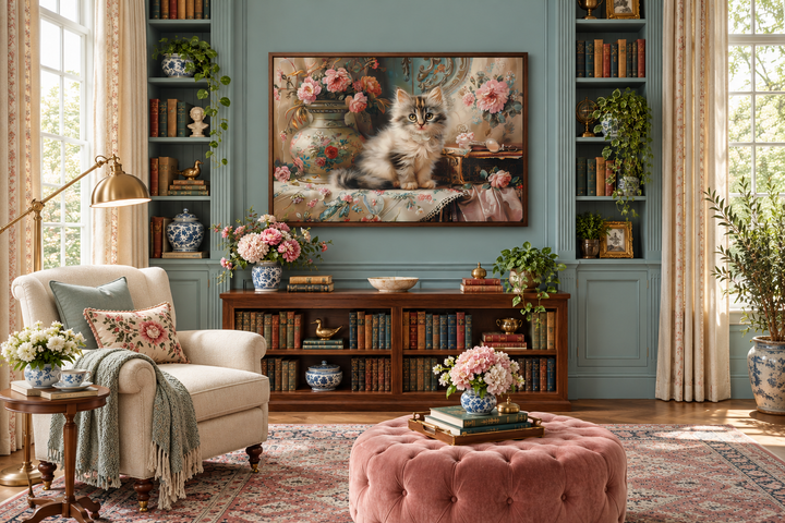 Framed Victorian canvas wall art of a fluffy kitten sitting among pink flowers in a blue room.