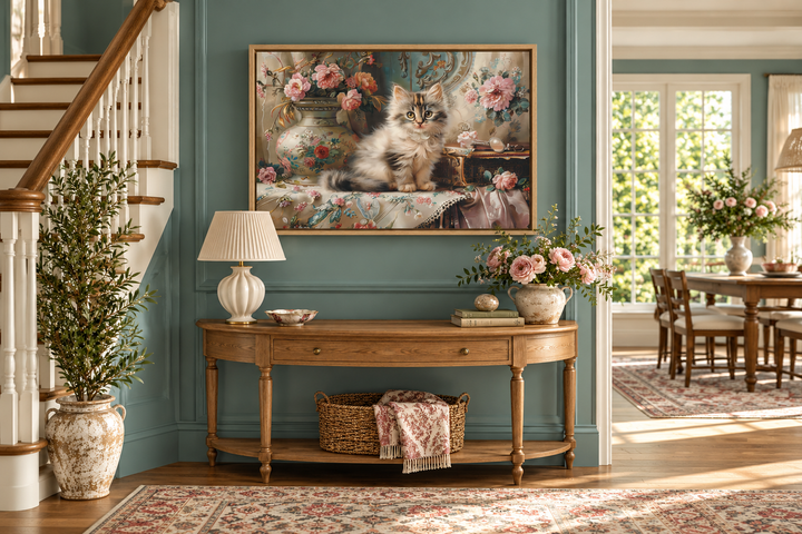 Victorian painting of a kitten and flowers in a wooden frame on a teal wall above a console table.
