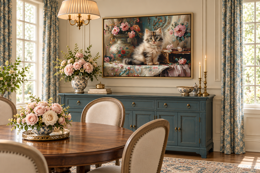 Victorian-style framed canvas wall art featuring a fluffy kitten among pink flowers over a buffet.