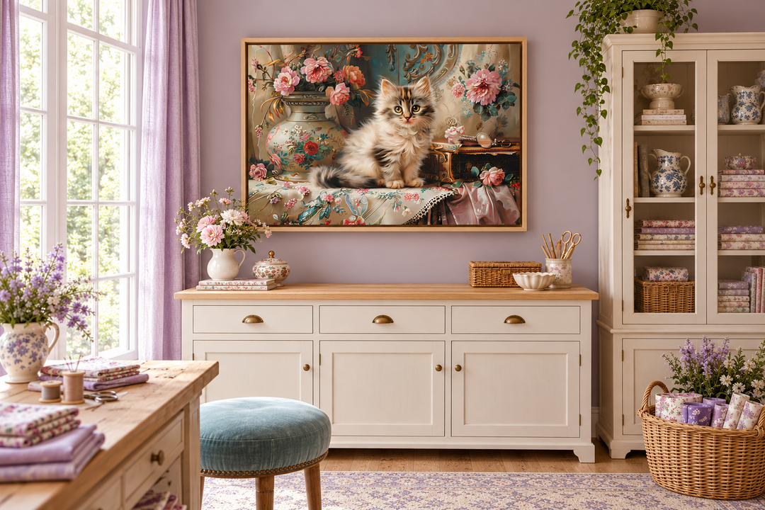 Victorian framed canvas wall art featuring a fluffy kitten among pink flowers in a craft room.