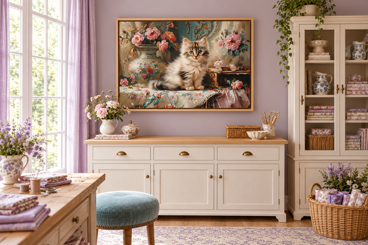 Victorian framed canvas wall art featuring a fluffy kitten among pink flowers in a craft room.