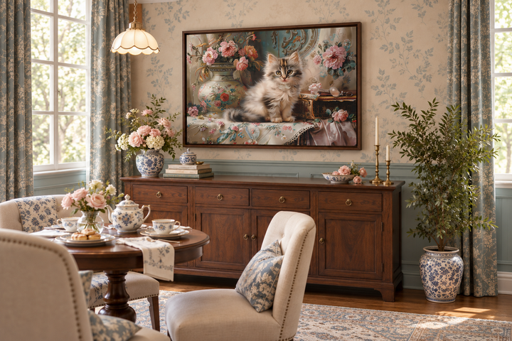 Victorian kitten and flowers painting in a dark wood frame hanging above a wooden sideboard.