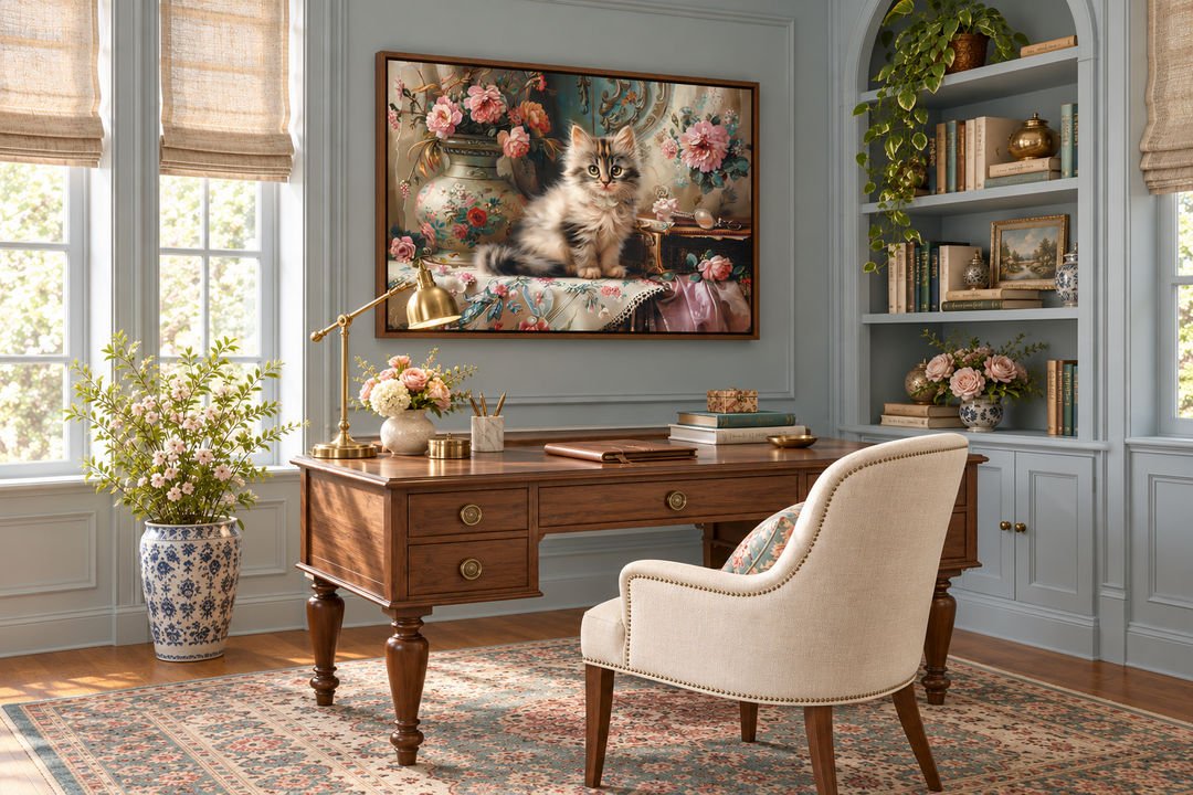 Victorian kitten and flowers framed canvas wall art displayed above a wooden desk in a home office.