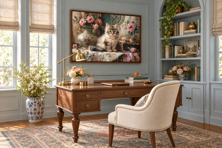 Victorian kitten and flowers framed canvas wall art displayed above a wooden desk in a home office.