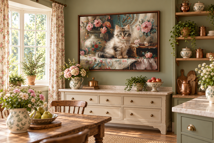Victorian framed canvas wall art featuring a fluffy kitten and pink flowers in a country kitchen.