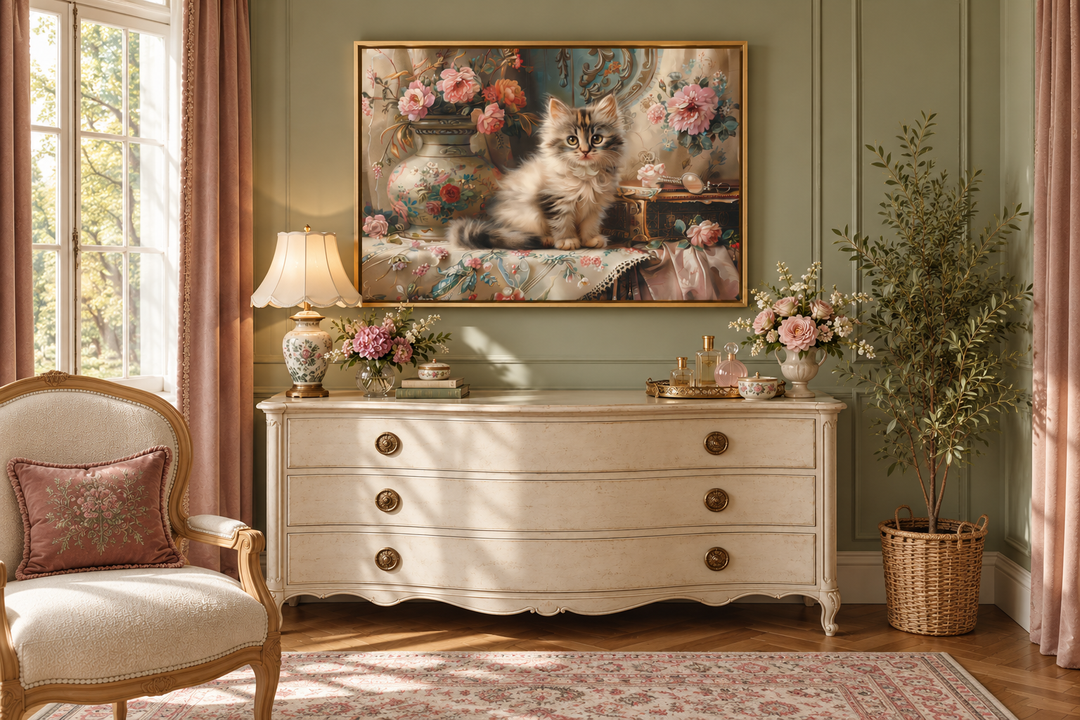 Victorian painting of a fluffy kitten among pink flowers in a gold frame above a white dresser.