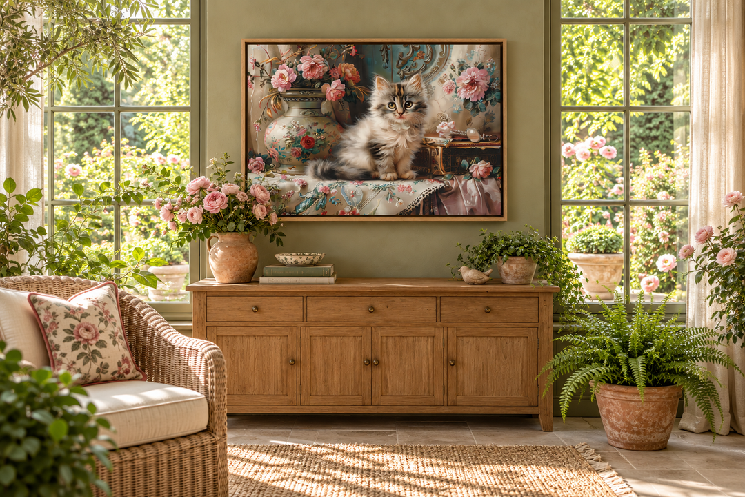 Victorian painting of a kitten and flowers on framed canvas above a wooden sideboard in a sunroom.