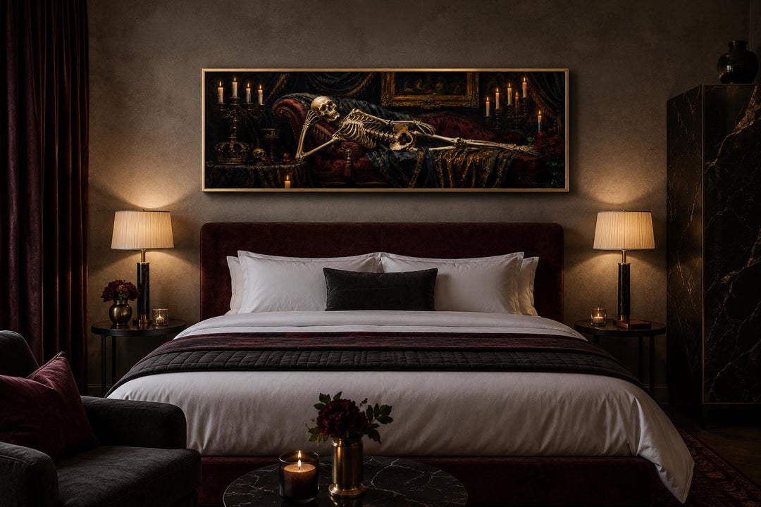 Victorian skeleton reclining on a burgundy Baroque chaise lounge in a gothic canvas wall art print.