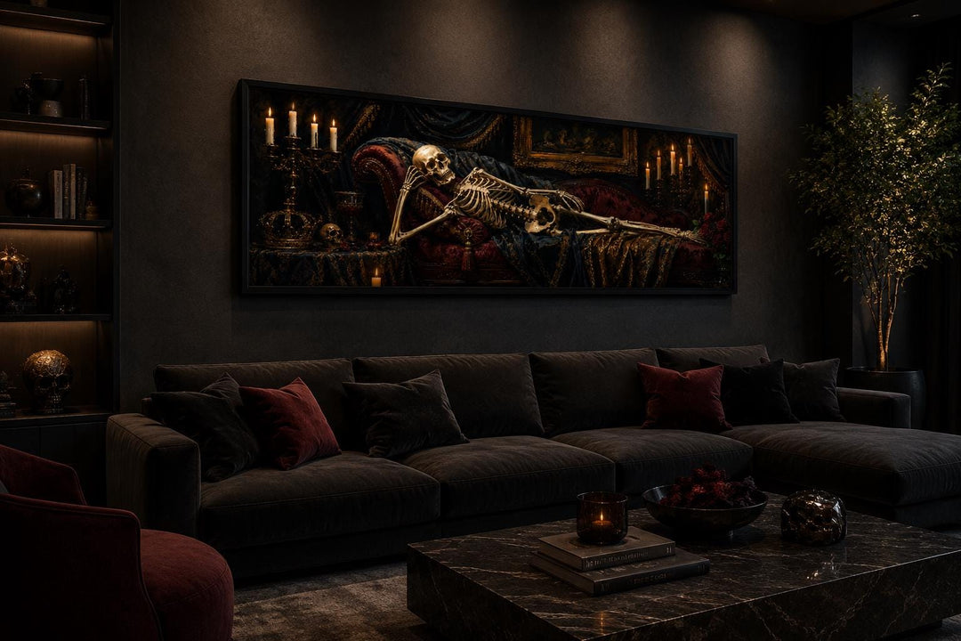 Victorian skeleton reclining on a Baroque chaise lounge in a gothic canvas wall art painting.