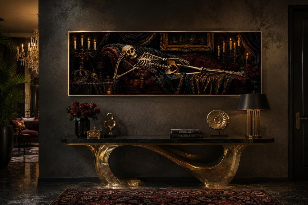 Victorian skeleton reclining on a burgundy Baroque chaise lounge in a candlelit gothic painting.
