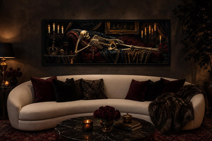 Victorian skeleton reclining on a Baroque chaise lounge in a gothic canvas wall art painting.