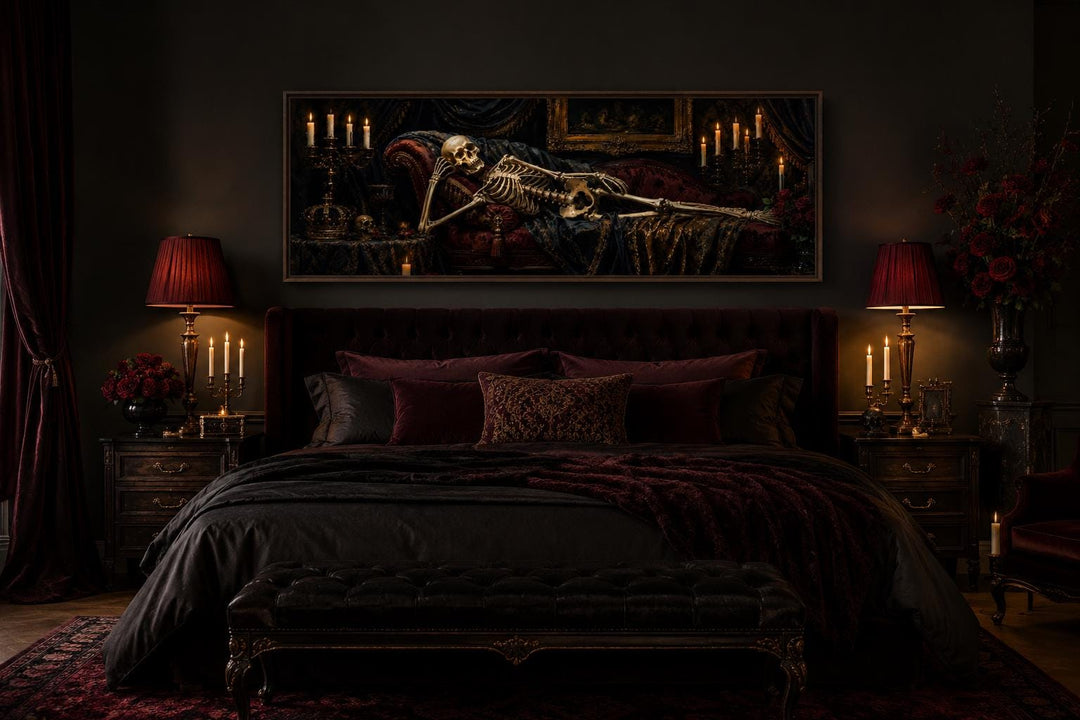 Victorian skeleton reclining on a Baroque chaise lounge canvas wall art above a dark gothic bed.