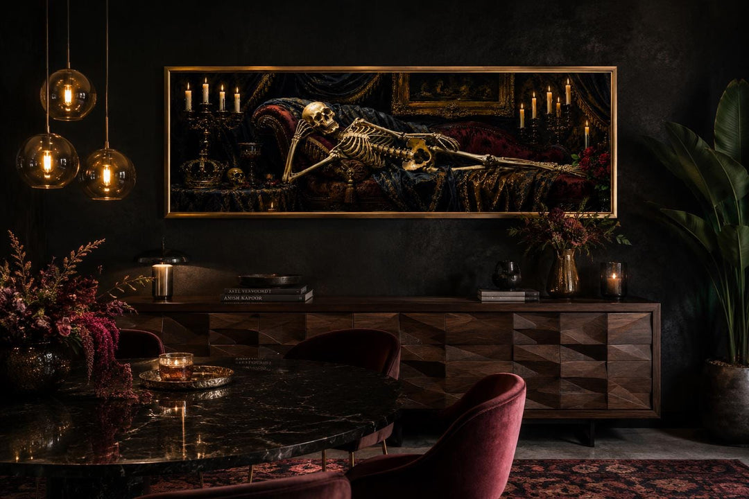 Victorian skeleton reclining on a burgundy Baroque chaise lounge in a candlelit gothic room.