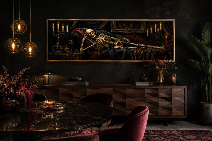 Victorian skeleton reclining on a burgundy Baroque chaise lounge in a candlelit gothic room.