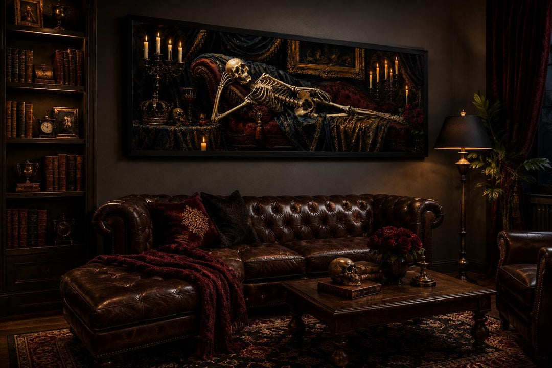 Victorian skeleton reclining on a Baroque chaise lounge in a moody, candlelit gothic parlor.