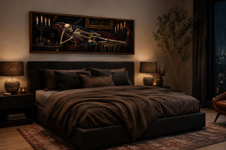 Victorian skeleton reclining on a baroque chaise lounge, gothic canvas wall art above a bed.