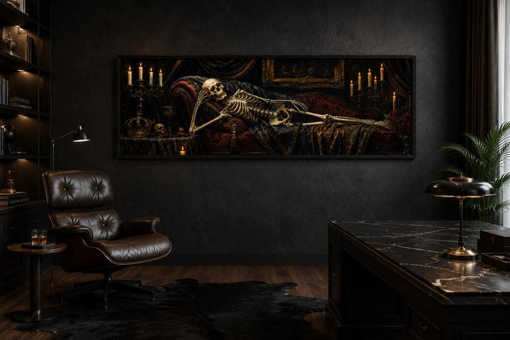 Victorian skeleton reclining on a Baroque chaise lounge in a dark, candlelit gothic study.