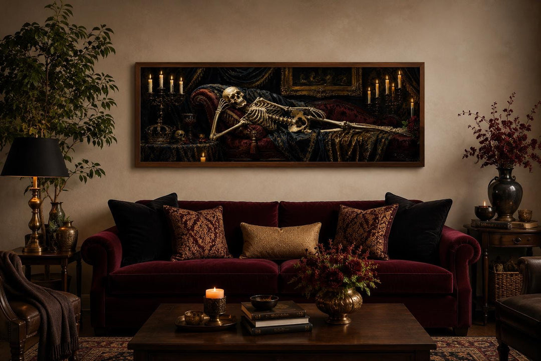 Victorian skeleton reclining on a burgundy Baroque chaise lounge in a candlelit gothic room.