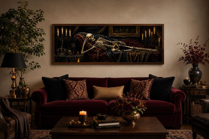 Victorian skeleton reclining on a burgundy Baroque chaise lounge in a candlelit gothic room.
