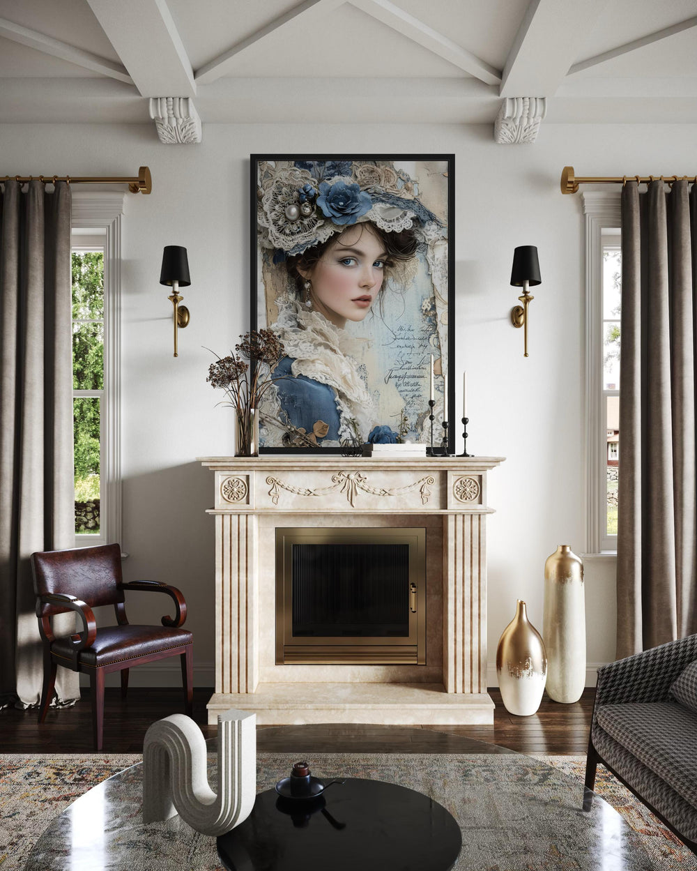 Victorian Woman In Blue Dress Antique Portrait Framed Canvas Wall Art