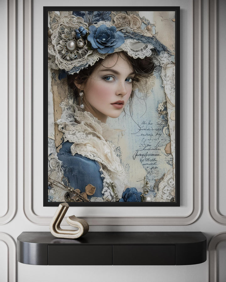 Victorian Woman In Blue Dress Antique Portrait Framed Canvas Wall Art