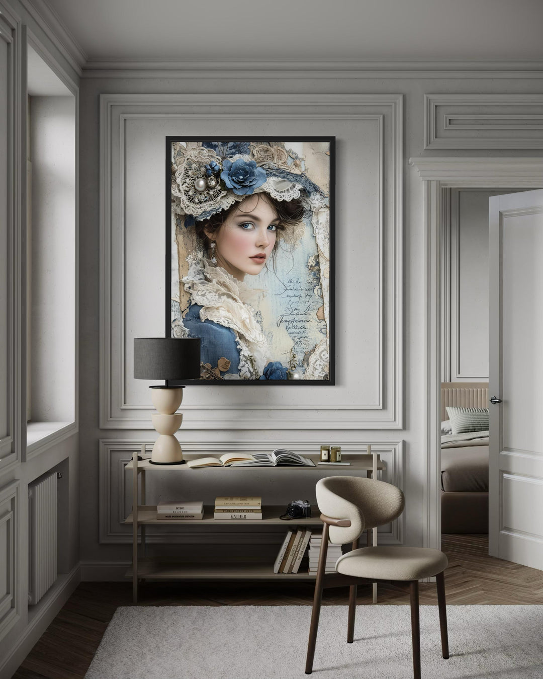 Victorian Woman In Blue Dress Antique Portrait Framed Canvas Wall Art
