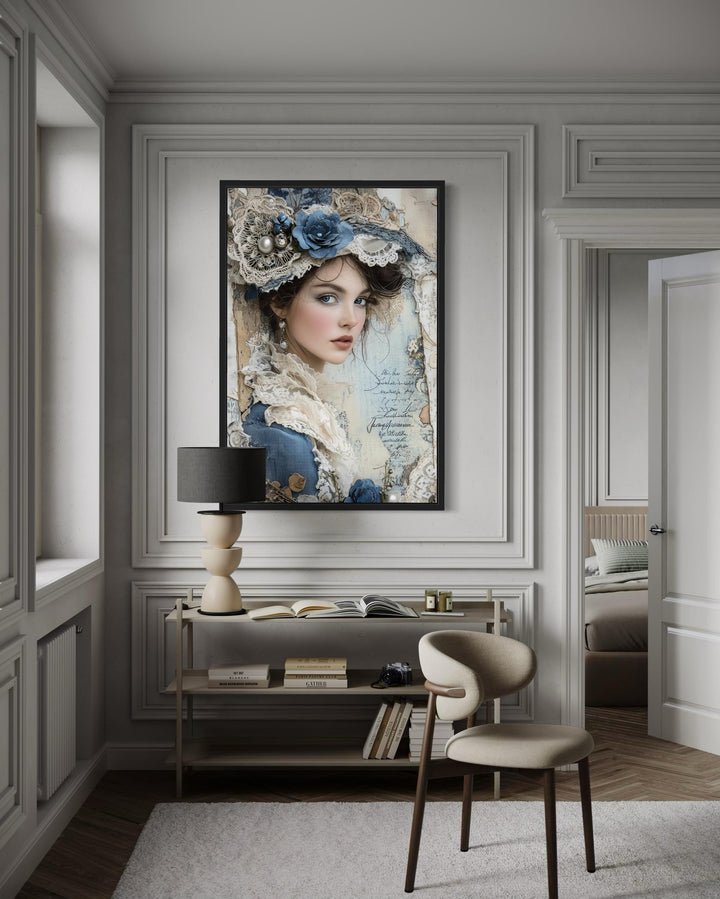 Victorian Woman In Blue Dress Antique Portrait Framed Canvas Wall Art