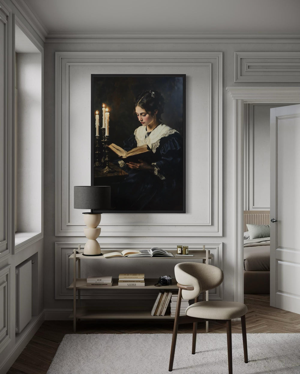 Victorian woman reading by candlelight framed canvas wall art in a classic paneled room.