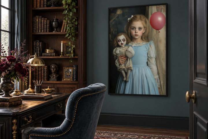 Victorian Girl with Creepy Clown Doll and Red Balloon Framed Canvas Wall Art
