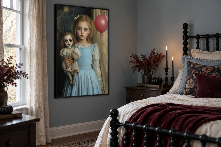 Victorian Girl with Creepy Clown Doll and Red Balloon Framed Canvas Wall Art