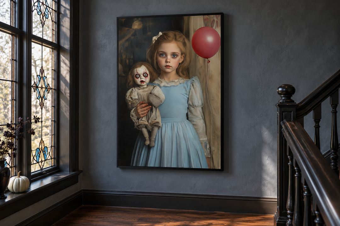 Victorian Girl with Creepy Clown Doll and Red Balloon Framed Canvas Wall Art
