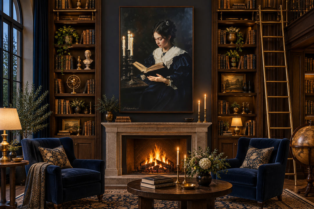 Victorian woman reading by candlelight framed canvas wall art above a fireplace in a home library.
