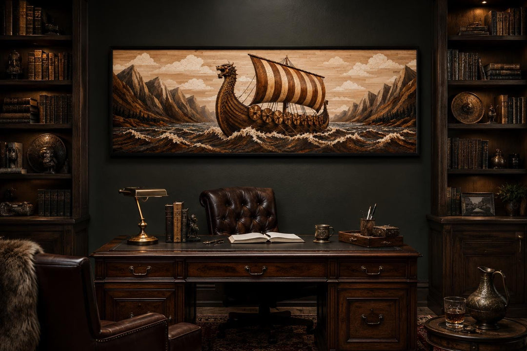 Viking longship canvas print above a dark wood desk in a moody office or man cave.