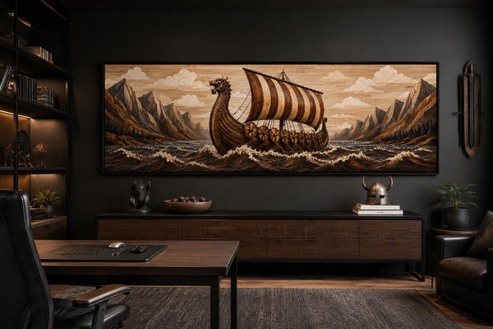 Viking longship canvas print in a dark office above a wooden sideboard with Nordic decor.