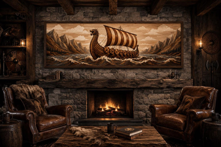 Viking longship canvas print above a fireplace in a rustic room with leather chairs.