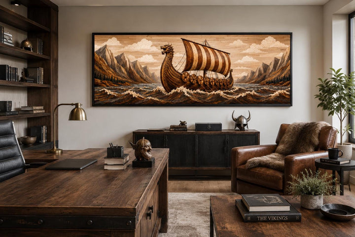 Viking longship canvas print in a wood-carved style above a desk in a rustic office.