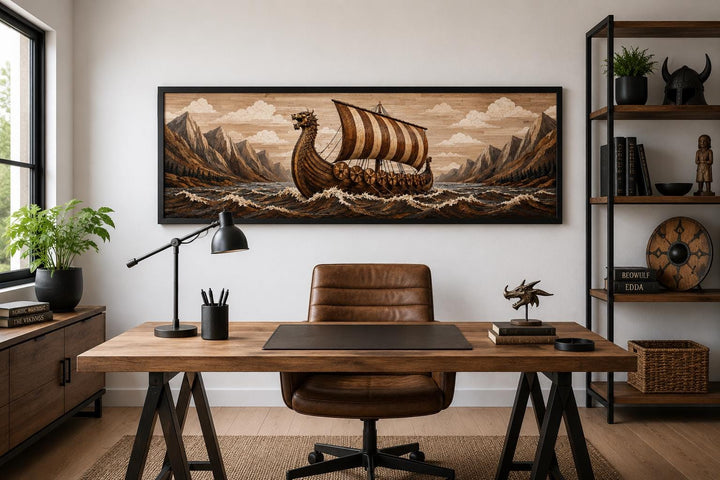 Viking longship canvas print above a wooden desk in a Nordic-themed office.