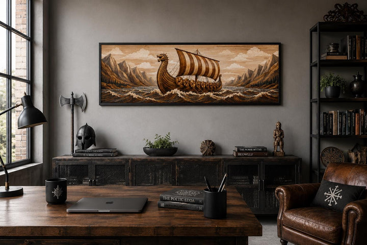 Panoramic Viking longship canvas print on a grey wall in a dark, masculine office setting.