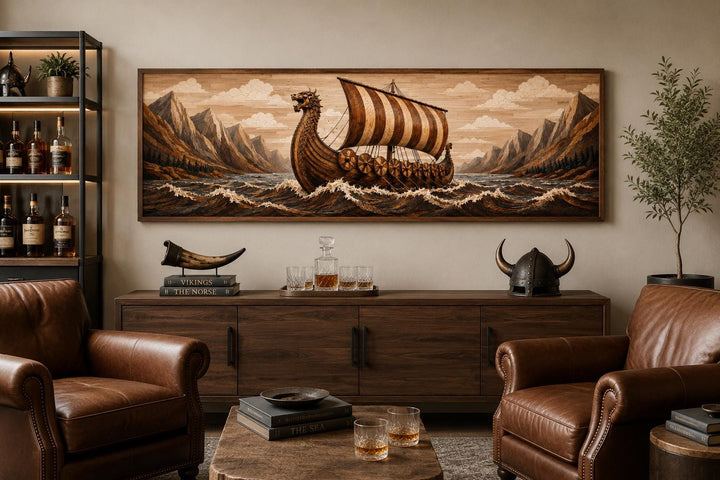 Viking longship canvas print with a dragon prow and striped sail in a rustic, wood-toned room.