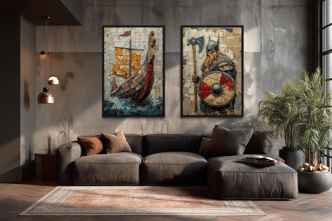 Viking wall art set of 2 featuring a Norse warrior and a longship on a concrete wall above a sofa.