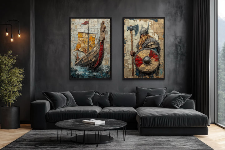 Viking wall art set of 2 featuring a Norse warrior and longship canvas prints in a dark living room.