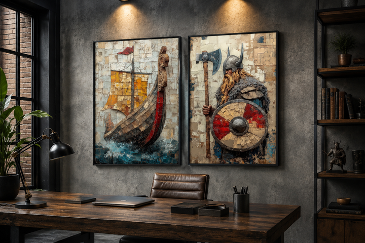 Viking wall art set of 2 featuring a Norse warrior and a longship in a textured, painterly style.