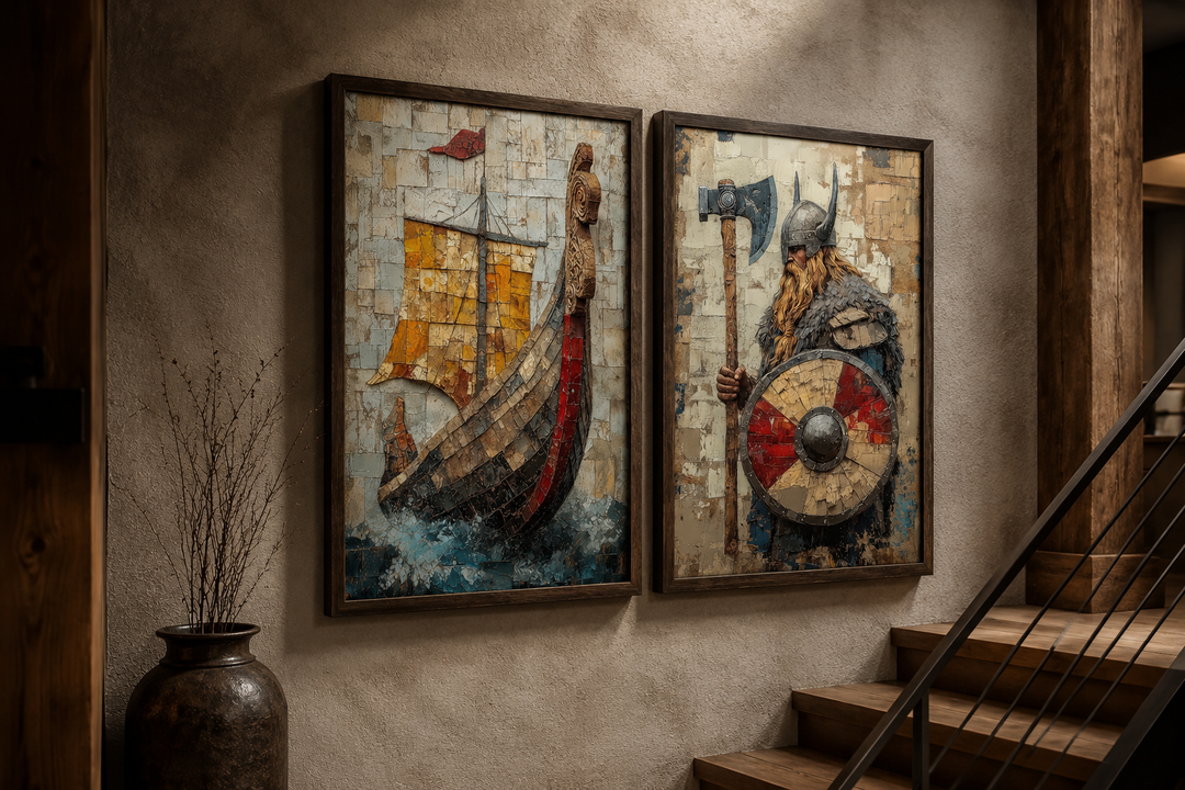 Viking wall art set of 2 featuring a Norse warrior and a longship in a textured, mosaic style.