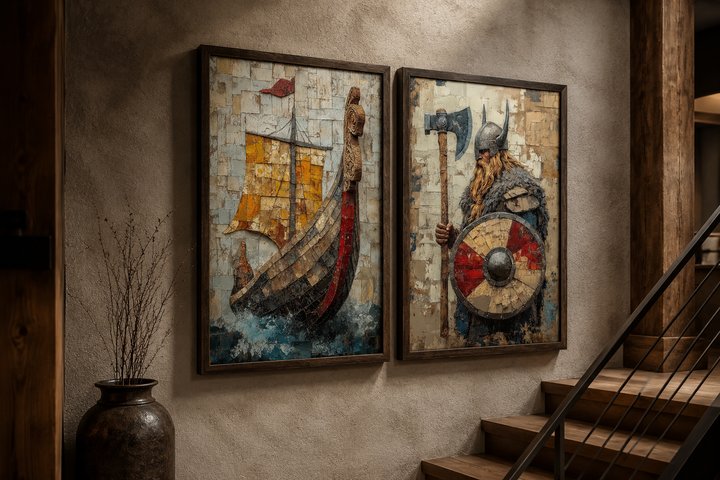 Viking wall art set of 2 featuring a Norse warrior and a longship in a textured, mosaic style.
